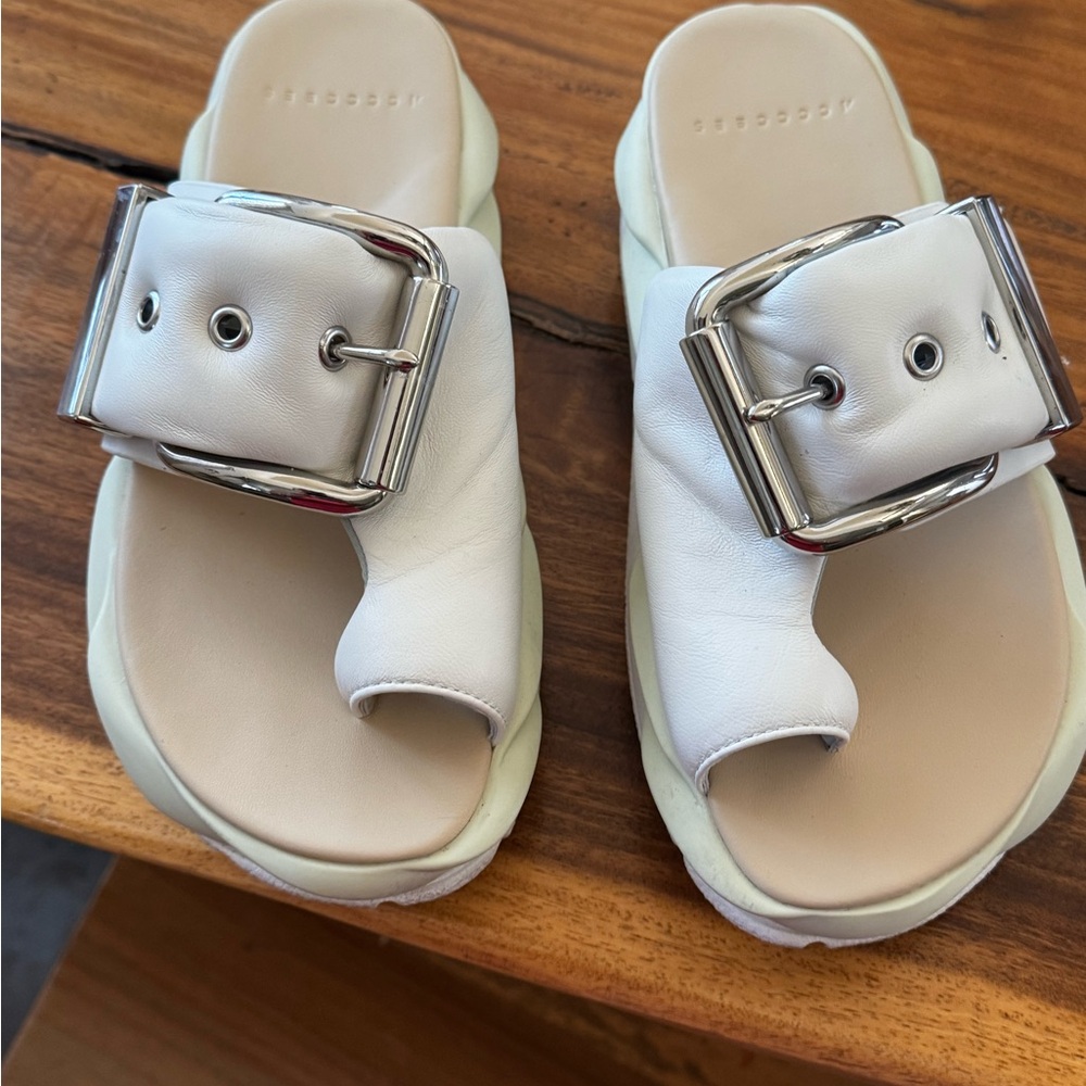 Accccees White Leather Slide Sandals